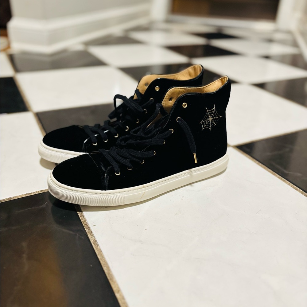 Charlotte Olympia Black High-Top Sneakers with Spider Web and Cat Design